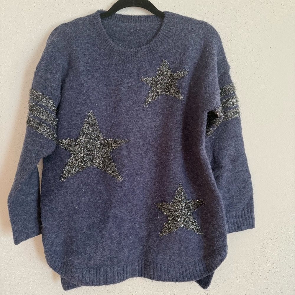 Blue Knit Sweater With Silver Star Design Size Large